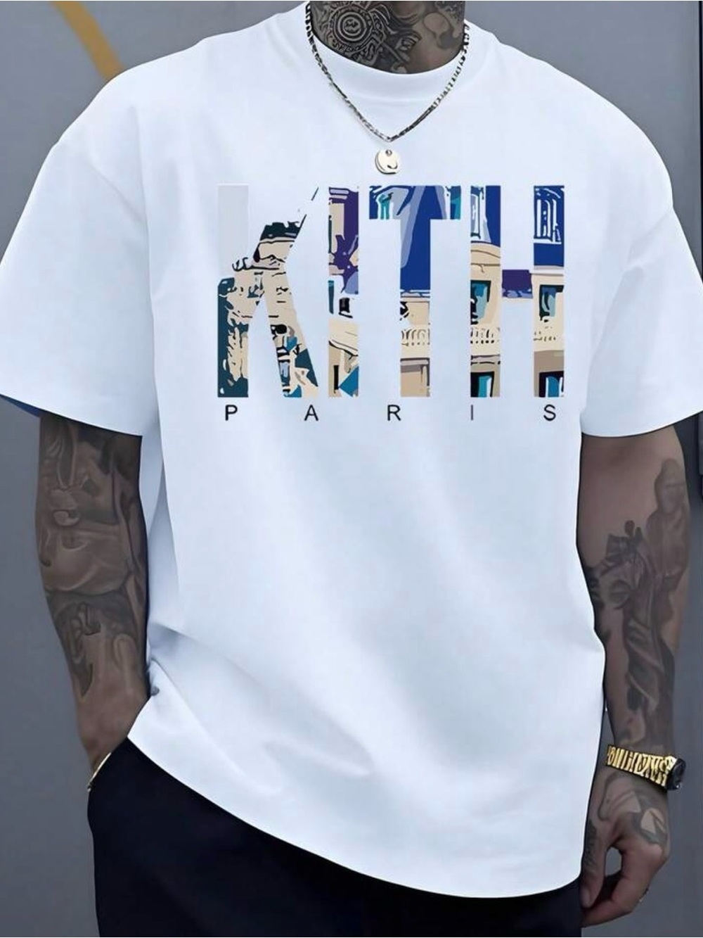 SHEIN White Short-Sleeve Graphic Tee with Blue and Tan Paris Print